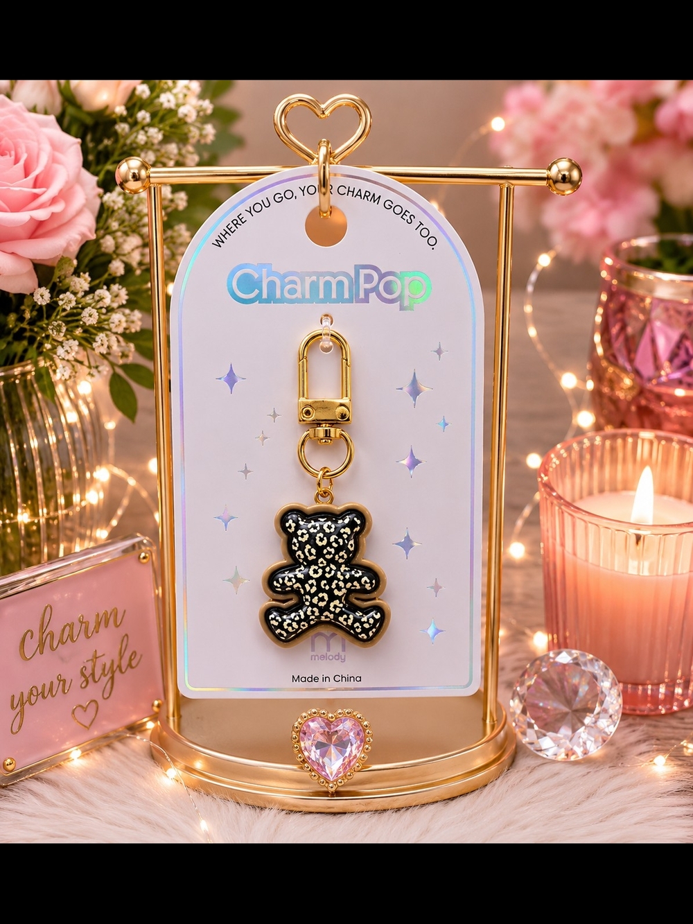 Black Leopard Teddy Bear Keychain Charm by